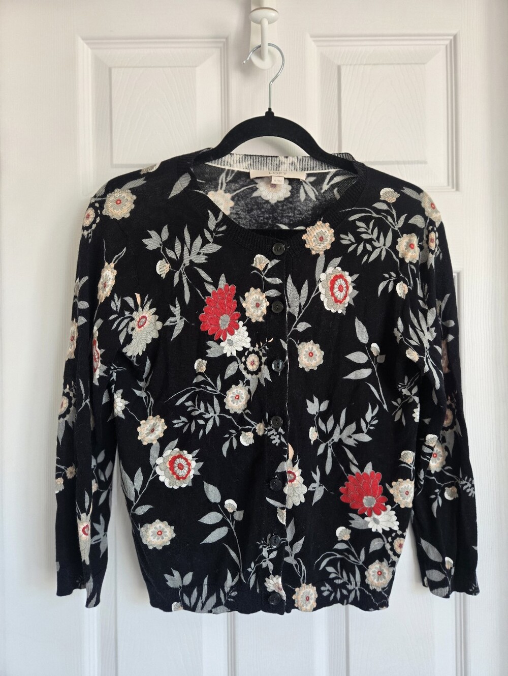 Loft Black Floral Button-Up Cardigan with Red Accents In Size XS